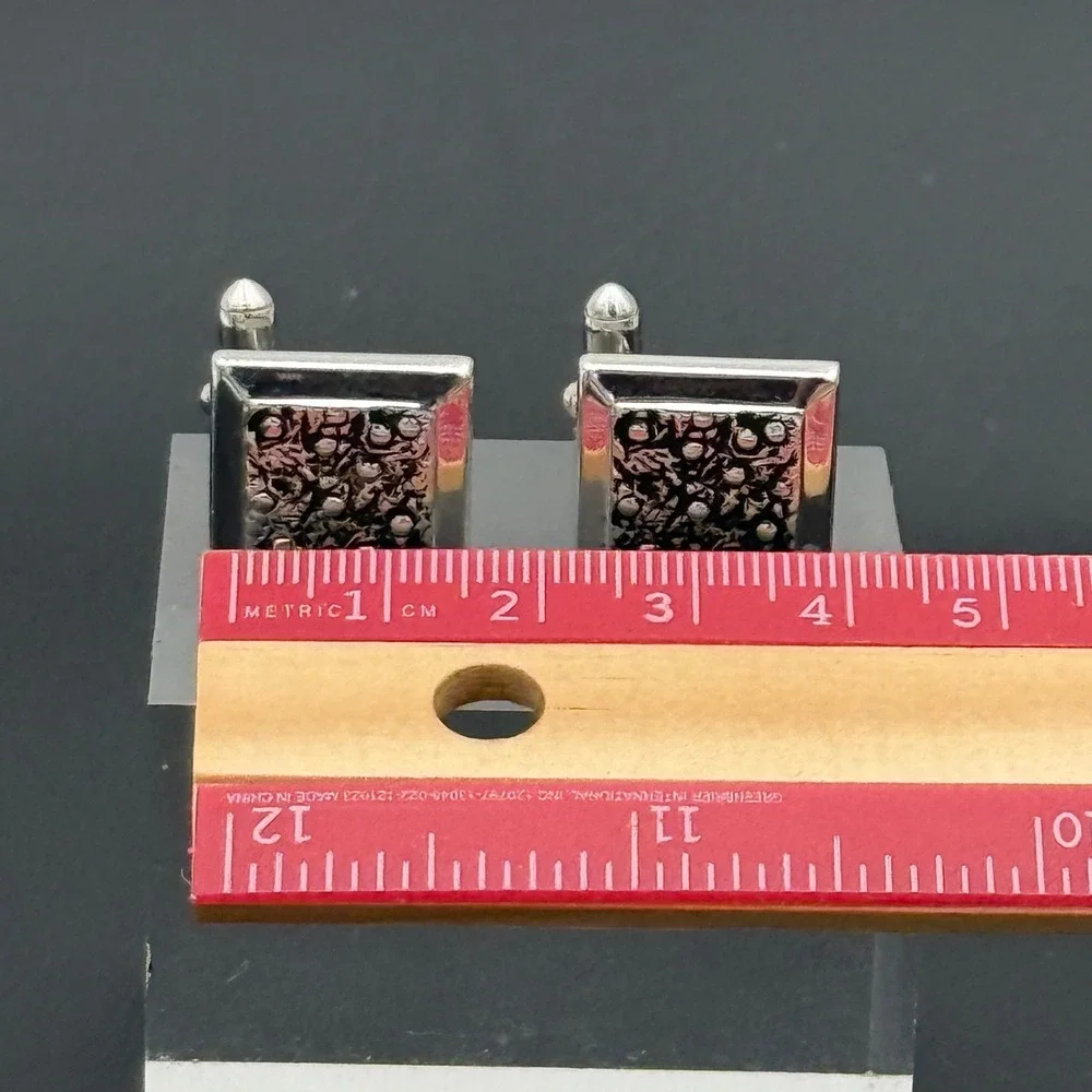 Silver Tone Square Textured Black Pebbled Inlay Bullet Back Cufflinks Mens